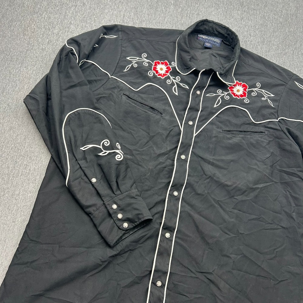 MWG Apparel Pearl Snap Western Long Sleeve Shirt Mens Large 16.5 Black Red